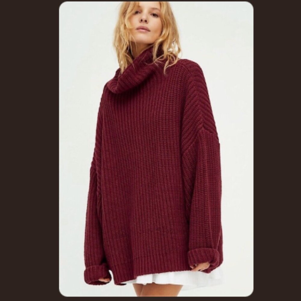 Burgundy Turtleneck free people boho chic oversized cable knit sweater sz L